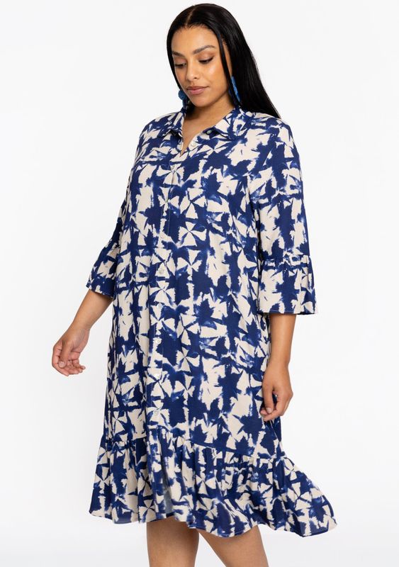 YOEK - Jurk - Ecru / Donkerblauw - 3/4 Lengte - Wijde Pasvorm - Lange Mouw