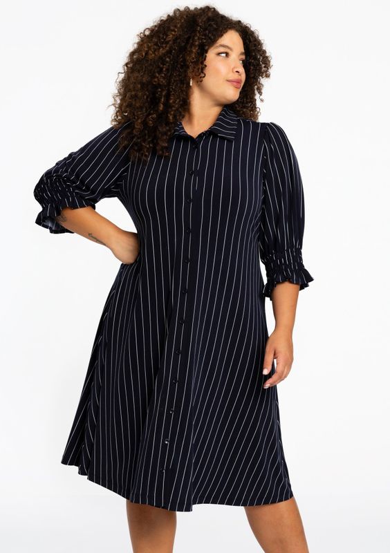 YOEK - Blousejurk - Marine / Wit - Knielengte - Driekwart Mouw