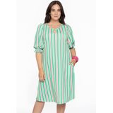 Jurk - Bubblegum Roze en Groen - A-lijn - Pofmouwen met Gesmokte Details