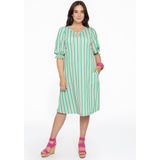 Jurk - Bubblegum Roze en Groen - A-lijn - Pofmouwen met Gesmokte Details