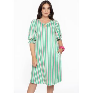 Jurk - Bubblegum Roze en Groen - A-lijn - Pofmouwen met Gesmokte Details