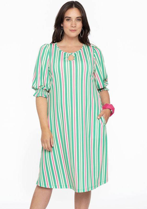 Jurk - Bubblegum Roze en Groen - A-lijn - Pofmouwen met Gesmokte Details