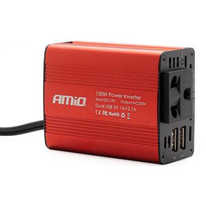 AMiO Stroom Omvormer 12V/230V Sigarettenplug naar Stopcontact Rood (2 x USB) 150W/300W