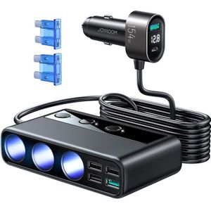 Joyroom  Autolader met Sigarettenaansteker Splitter Snellader 154W Zwart [3 x 12V, 4 x USB-A, USB-C, QC3.0 USB-A]