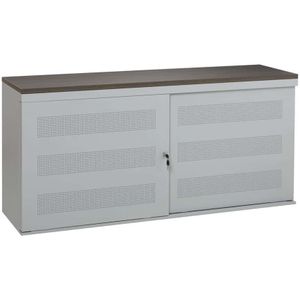 Schuifdeurkast met geperforeerde deuren breed 160CM diep 45CM hoogte 72,5CM bladkleur Robson Eiken framekleur Aluminium (RAL9006)