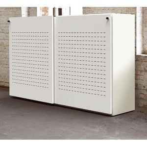 Akoestische schuifdeurkast breed 200CM diep 48CM hoogte 122CM bladkleur Licht Eiken framekleur Wit (RAL9010)