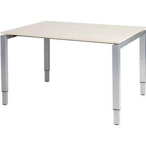 Domino bureau, hoogte instelbaar (62-85cm) met 120x90cm 'zwevend' lindberg (licht) eiken 25mm blad en aluminium (RAL9006) N-poot frame.