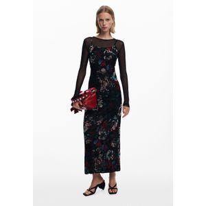 Gecombineerde Mesh Jurk - Bloemenprint - Lange Mouwen - Recht - Lang