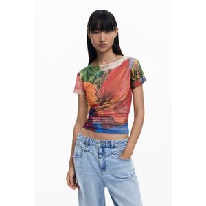Draperen - Chiffon T-shirt - Bloemenprint - Korte Mouwen - Regular Fit
