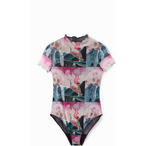 Body van tule met korte mouwen en fantasieprint