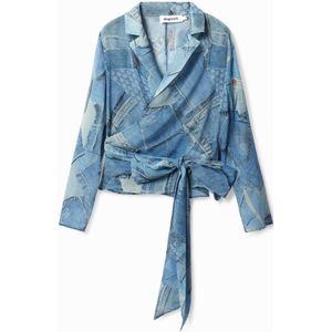 Wikkelblouse met denim patch