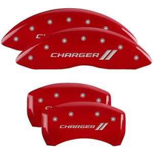 MGP 4 Caliper Covers Engraved Front & Rear With stripes/Charger Red finish silver ch - 12181SCH1RD