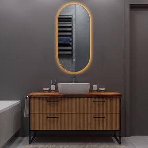 Badspiegel mit LED-Beleuchtung und Heizung 50x100cm - Afimera Ellips - Gold - Wandspiegel Oval - Touch-Bedienung - Dimmbar - Anpassbare Lichtfarbe