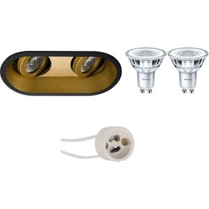 LED Spot Set - Pragmi Zano Pro - GU10 Fassung - Einbau Oval Doppelt - Matt Schwarz/Gold - Schwenkbar - 185x93mm - Philips - CorePro 827 36D - 4W -