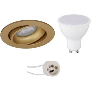 LED Spot Set - Pragmi Delton Pro - GU10 Sockel - Dimmbar - Einbau Rund - Matt Gold - 6W - Tageslicht 6400K - Kippbar - Ø82mm