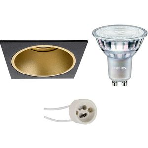 LED Spot Set - Pragmi Minko Pro - GU10 Fassung - Einbau Quadrat - Matt Schwarz/Gold - Vertieft - 90mm - Philips - MASTER 927 36D VLE - 4.9W - Warmweiß