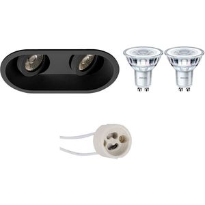 LED Spot Set - Pragmi Zano Pro - GU10 Fassung - Einbau Oval Doppel - Matt Schwarz - Schwenkbar - 185x93mm - Philips - CorePro 830 36D - 4W - Warmweiß
