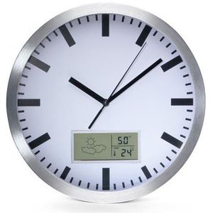 Perel Wandklok, rond, analoog, 25 cm, lcd-scherm met thermometer, hygrometer en weersvoorspelling, aluminium, zilver