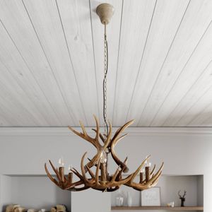 Hanglamp Lindby Fibi, staal, bruin, gewei, Ø 80 cm