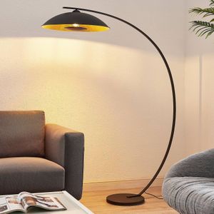 Lindby gebogen vloerlamp Emilienne, zwart, goudkleurig, 180 cm