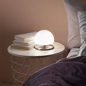 Fabas Luce Morgana tafellamp, nikkel / wit, touchdimmer, 3.000 K