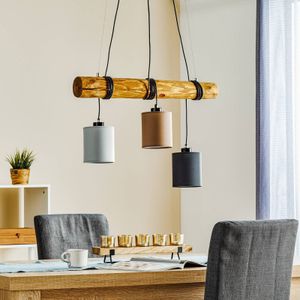 BRITOP Hanglamp Sachiko, houten balk, drie stoffen kappen