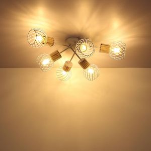 Globo Plafondlamp Luise in wit en houtoptiek, 6-lamps