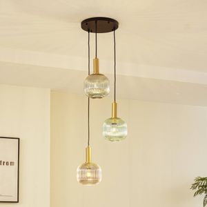 Lindby Doroteo hanglamp, 3-lamps, groen/amber/grijs, glas