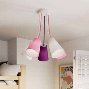 TK Lighting Wire Kids 5-lamps plafondlamp, wit/roze/paars