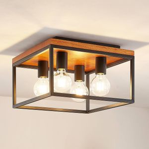 Lindby - plafondlamp - 4 lichts - staal, eikenhout - H: 22.5 cm - E27 - eiken, zwart