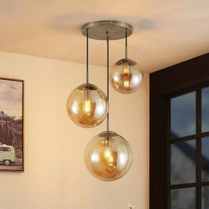 Lindby Teeja hanglamp, 3 glasbollen, amber