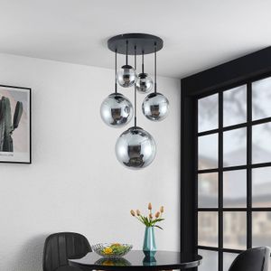 Lindby Teeja hanglamp, 5 glasbollen, rookgrijs