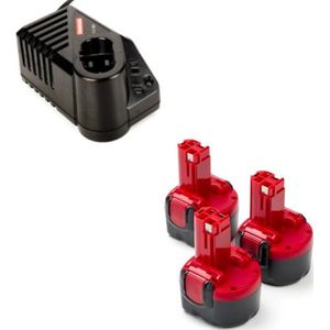 Startset: 3x Bosch BAT048 accu's + lader (9.6 V, 3.0 Ah, 123accu huismerk)