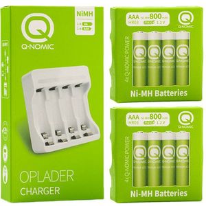Q-Nomic Power Oplaadbare AAA / HR03 Ni-Mh batterijen inclusief lader (8 stuks, 800 mAh)