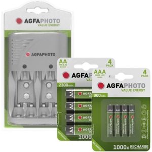 Agfaphoto Value Energy Charger + oplaadbare AA en AAA Ni-Mh batterijen (4 stuks 2300 mAh, 4 stuks 900 mAh)