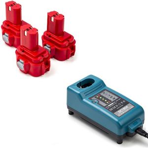 Startset: 3x Makita PA09 / 9120 / 9133 / 9134 accu's + lader (9.6 V, 1.5 Ah, 123accu huismerk)
