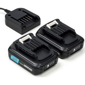 Startset: 2x Makita BL1021B CXT accu's + lader (12 V, 1.5 Ah, 123accu huismerk)