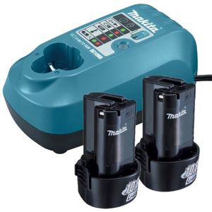 Startset: 2x Makita BL1013 / 196066-7 accu's + lader (10.8 V, 1.3 Ah, origineel)