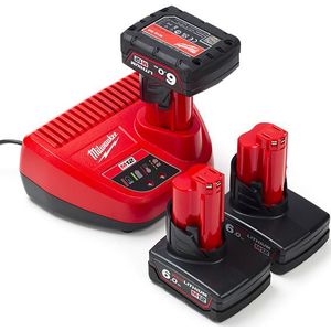 NRG Pack: 3x Milwaukee M12 B6 accu's + lader (12 V, 6.0 Ah, origineel)