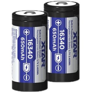 2 stuks XTAR RCR123A / 16340 oplaadbare lithium batterijen (3.7 V, Li-ion, 650 mAh)