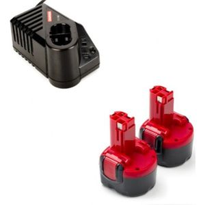 Startset: 2x Bosch BAT048 accu's + lader (9.6 V, 1.5 Ah, 123accu huismerk)