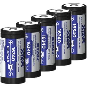 5 stuks XTAR RCR123A / 16340 oplaadbare lithium batterijen (3.7 V, Li-ion, 650 mAh)