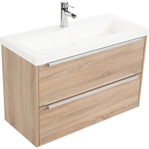 Saqu Salto Slimline voorgemonteerd badmeubel incl. glans witte wastafel 100x40cm bardolino eiken/chroom