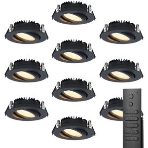 Set van 10 dimbare LED inbouwspots Rome - Zwart - 6 Watt - Kantelbaar - 2700K warm wit - IP44 - Inclusief afstandsbediening - Geringe inbouwdiepte