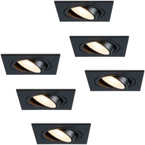 Set van 6 stuks dimbare LED inbouwspot Mallorca zwart vierkant - Kantelbaar - 5 Watt - IP20 - 2700K Warm wit - GU10 armatuur - spotjes plafond