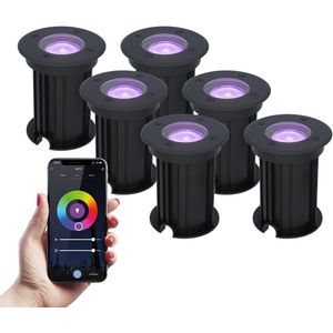 6x Maisy dimbare LED grondspot - Rond - Zwart - RGBWW - 5.5 Watt - WiFi & Bluetooth - IP67 straal waterdicht - 3 jaar garantie