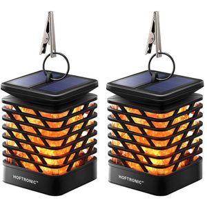 Set van 2 Solar Tuinlantaarn Amelia - Met sfeervol vlam effect - IP65 Waterdicht - Warm wit 3000K licht - Schemerschakelaar - Tafellamp - Hanglamp - Solar lantaarn - Zwart