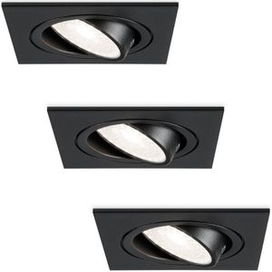 Set van 3 dimbare LED inbouwspots Mallorca zwart vierkant - Kantelbaar - 5 Watt - IP20 - 6000K Daglicht wit - GU10 armatuur - spotjes plafond