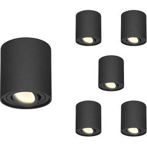 6x Dimbare LED Opbouwspot plafond Ray Zwart incl. GU10 spot 5W 2700K IP20 kantelbaar Rond