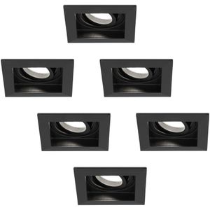 Set van 6 Fresno LED inbouwspots vierkant - Kantelbaar - 5W 400lm - GU10 6400K Daglicht wit Dimbaar - Zwart - IP20 Plafondspots voor binnen
